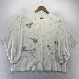Vintage Artisans Sweater Women's Large Gray Birds Cardigan Fleece Pocket 90s